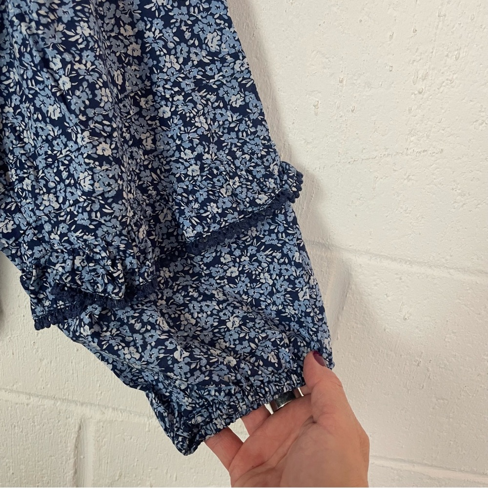 J. Crew V-Neck Popover Top Blue Floral Ruffles Balloon Sleeves Cottage Peasant L - Picture 4 of 13